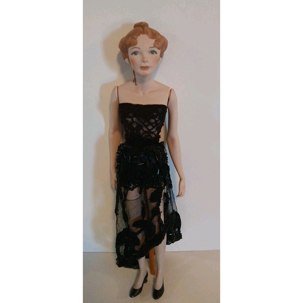 Handpainted 15'in Beautiful Unique Porcelain Doll In Black Sheer Dress/Stand